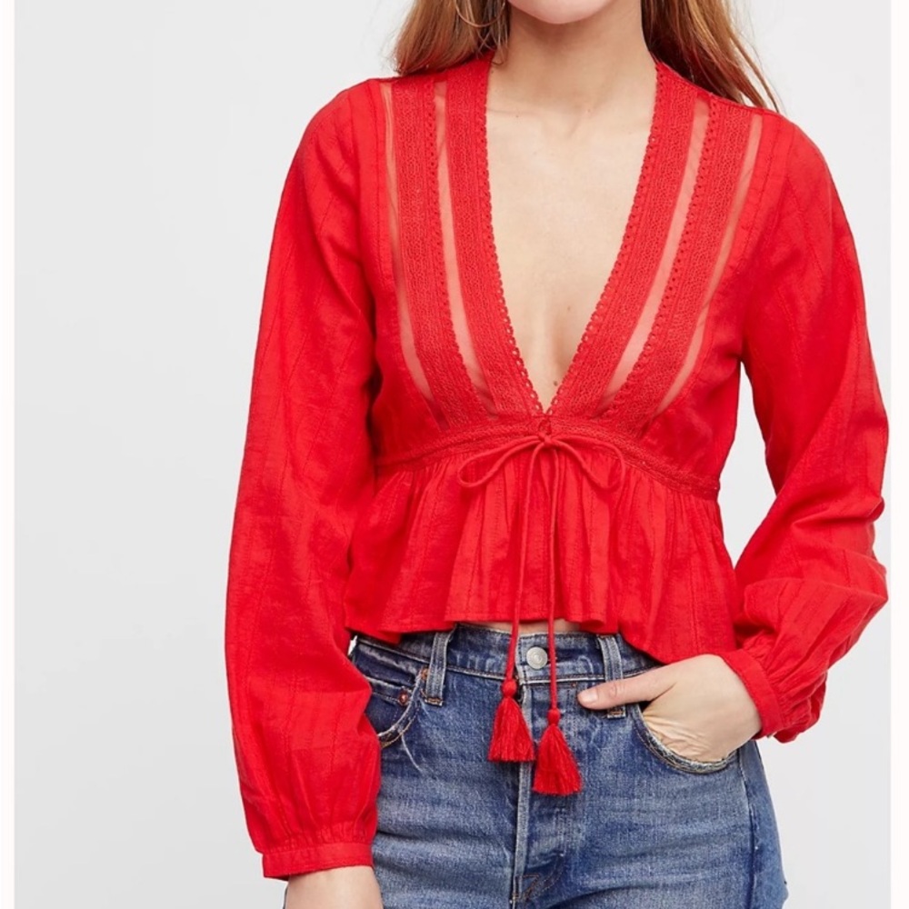 Free People Oberoi Blouse Plunging V Neck Flared Bottom Size Medium #U12